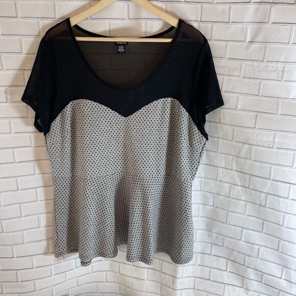 Torrid Grey/Black Polka Dot Mesh Peplum Top Sz 2X - Picture 2 of 5